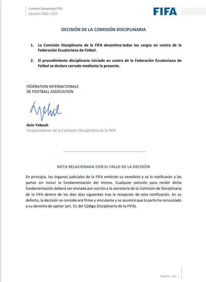 La FIFA déplore le Chili (et félicite l'Équateur).