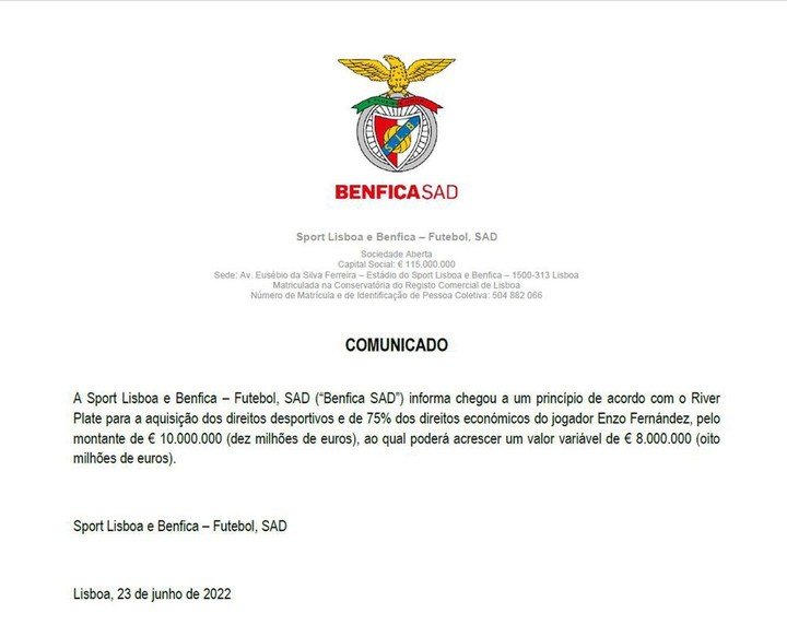 La note que Benfica a envoyée à la CNMV portugaise pour l'informer de l'achat d'Enzo Fernández.