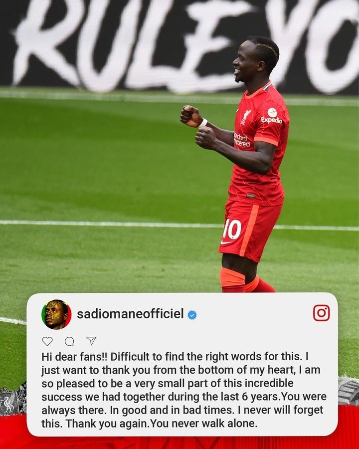 Le message sincère de Mané après son départ de Liverpool.
Photo : @Liverpoolfc