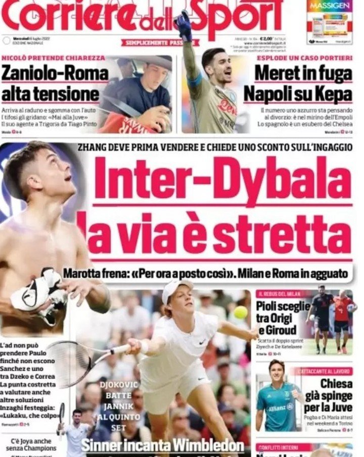Couverture du Corriere dello Sport de mercredi : Inter-Dybala : la rue est étroite.