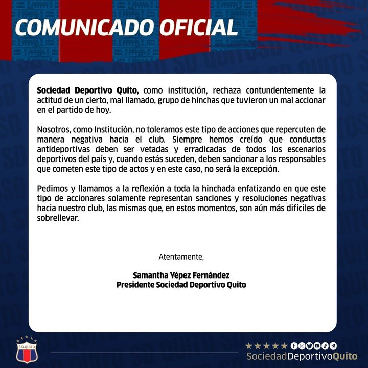 Déclaration du Deportivo Quito sur les épisodes de l'Atahualpa.