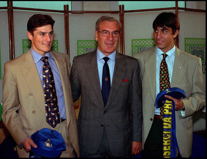 Antonio Angelillo avec Zanetti et Rambert, lors de leur arrivée à l'Inter en 1995.