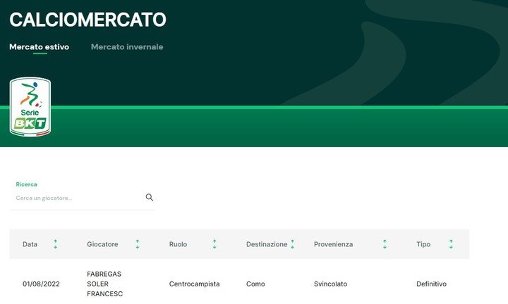 Le site officiel de la Serie B italienne a blanchi l'arrivée de Fabregas à Côme.