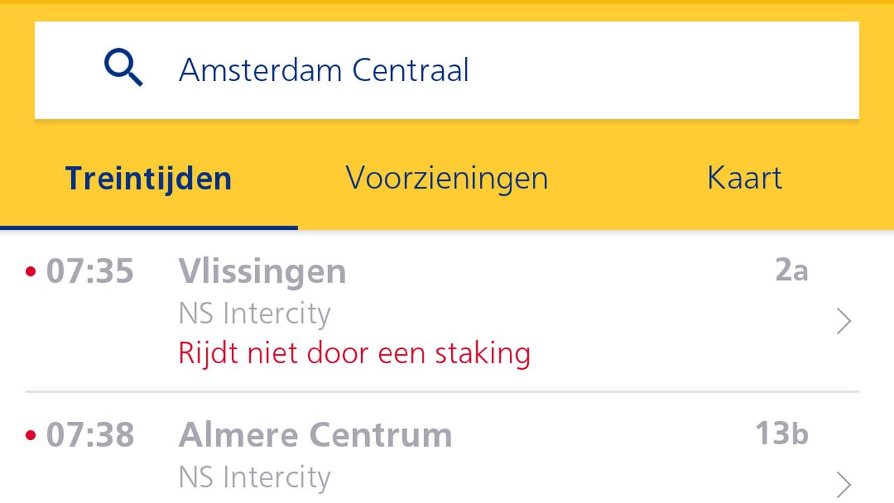 Le planificateur de voyage NS montre que de nombreux trains ne circulent pas à Amsterdam Centraal.